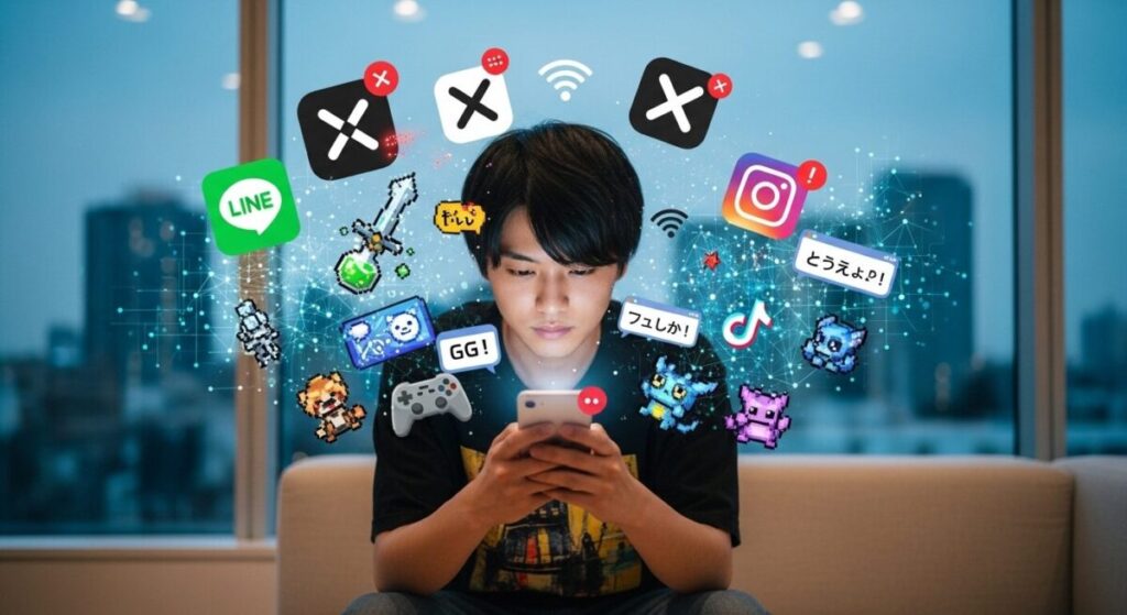 スマートフォンでSNSを見ている少年